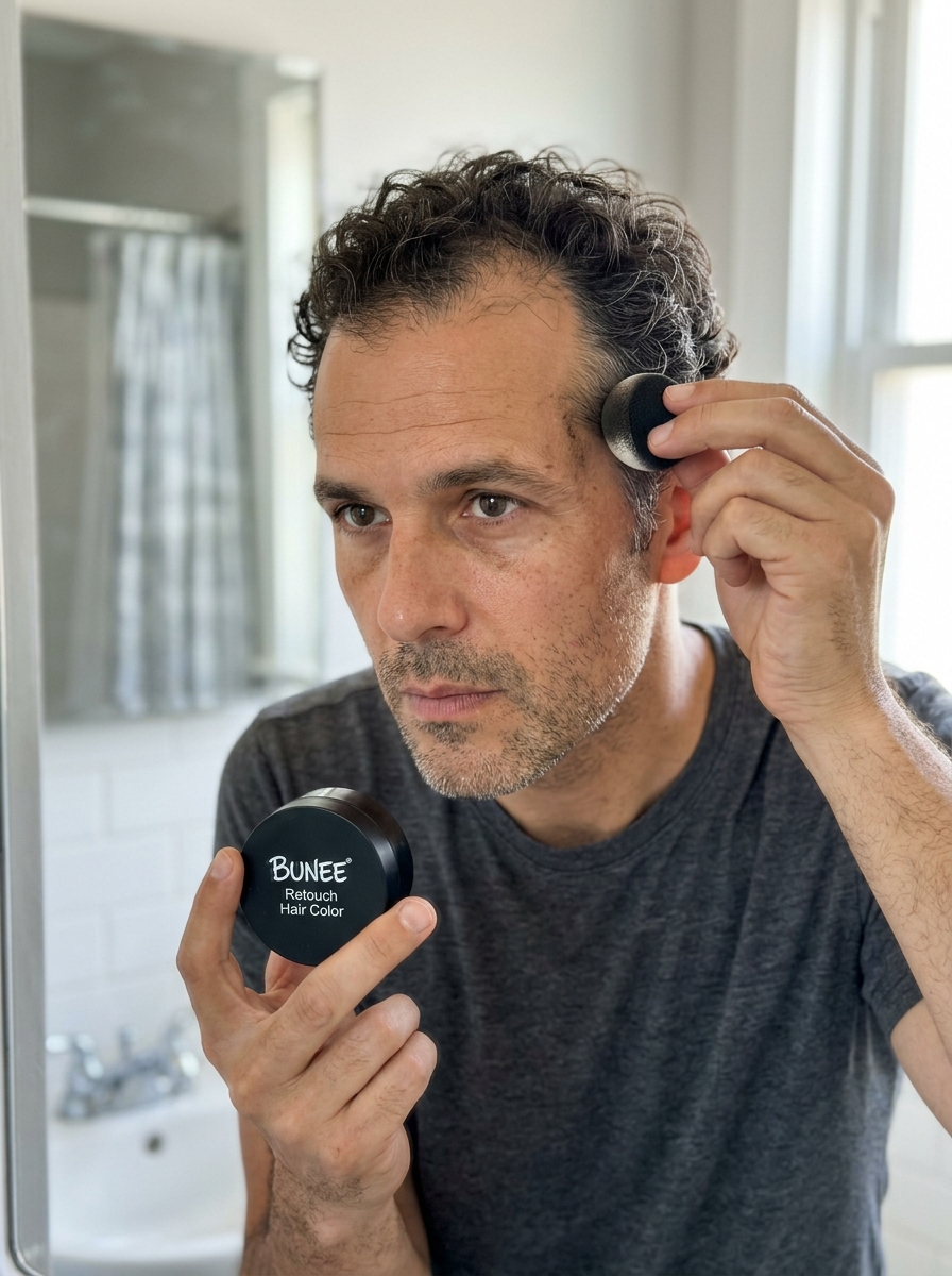 Hombre aplicando BUNEE Hair Retouch en la sien